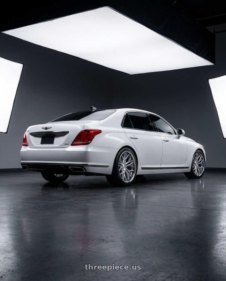 2018 genesis g90 ultimate with Rohana RFC3 5x114.3 20x9 +35 Machine Silver/Stainless Lip wheels rear three quarter view square tires