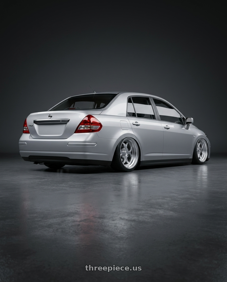 2007 Nissan tiida with Klutch SL2 4x100 15x8.5  +17 Silver Machined wheels rear three quarter view square tires