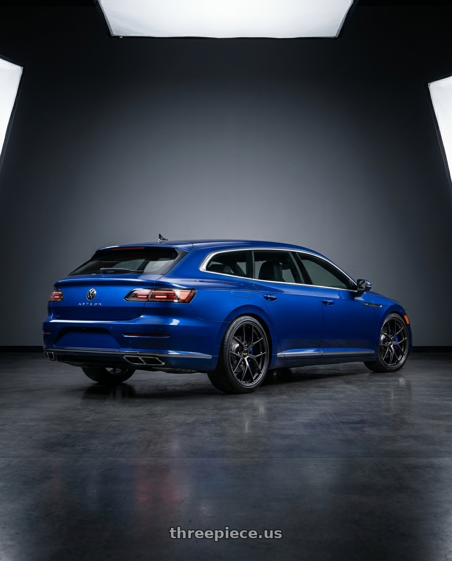2023 vw Arteon shooting brake Lapiz Blue with BBS RI-D 5x112 20x8.5 +41 Diamond Black wheels rear three quarter view slight stretch tires