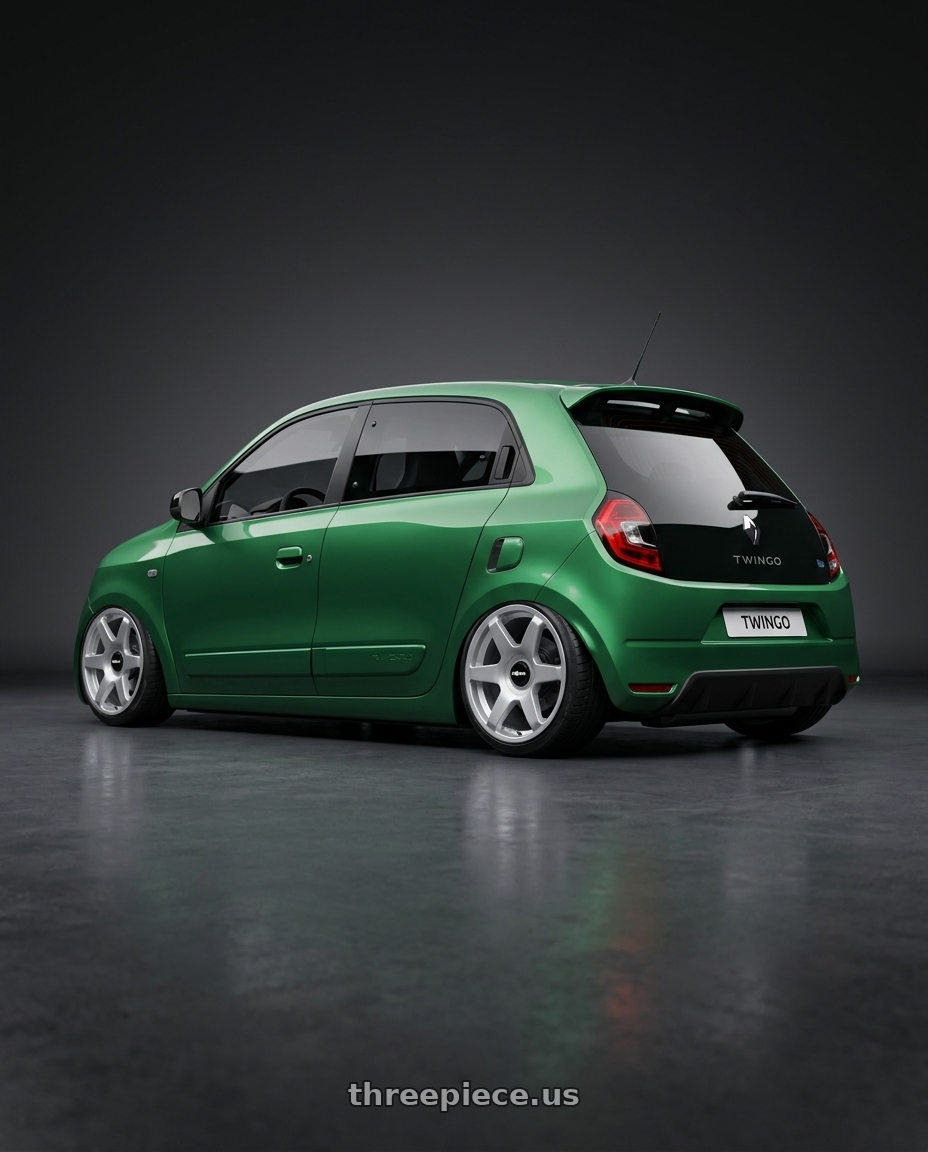 2026 Renault Twingo with Rotiform 1PC R114 SIX BLANK 19X8.5 +35 GLOSS SILVER wheels rear three quarter view extreme stretch tires