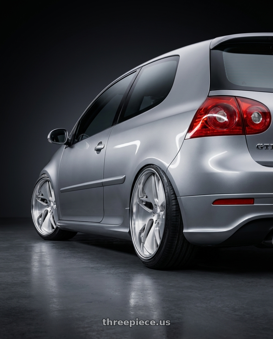 2009 VW GTI with Work Gnosis Cvd 5x114.3 19x9+45 W Disk Brush Silver Clear wheels rear three quarter view extreme stretch tires