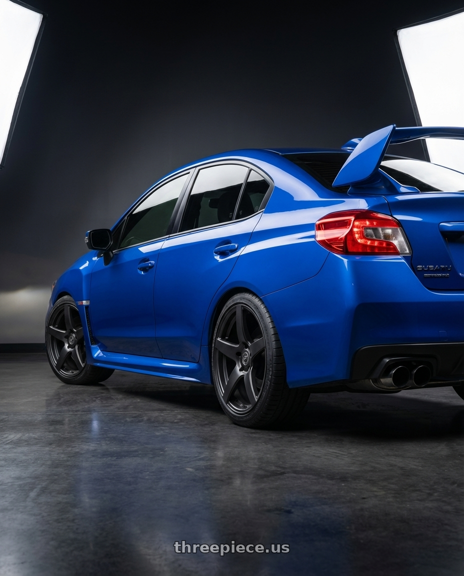 2018 Subaru WRX STI with Forgestar CF5 5x114.3 18x9 +35 Satin Black wheels rear three quarter view square tires