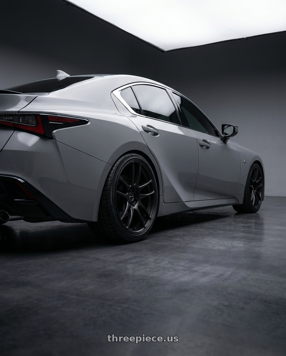 2024 Lexus IS350 with Work Emotion Cr Kiwami 5x114.3 19x8.5 +35 Matte Black wheels rear three quarter view square tires