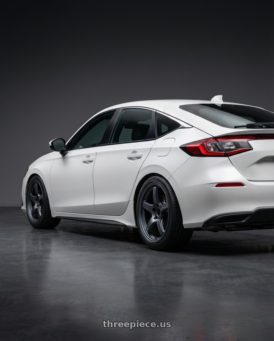 2024 Honda Civic with Gram Lights 57CR 5x114.3 18x9.5+12 Gunblue II wheels rear three quarter view square tires