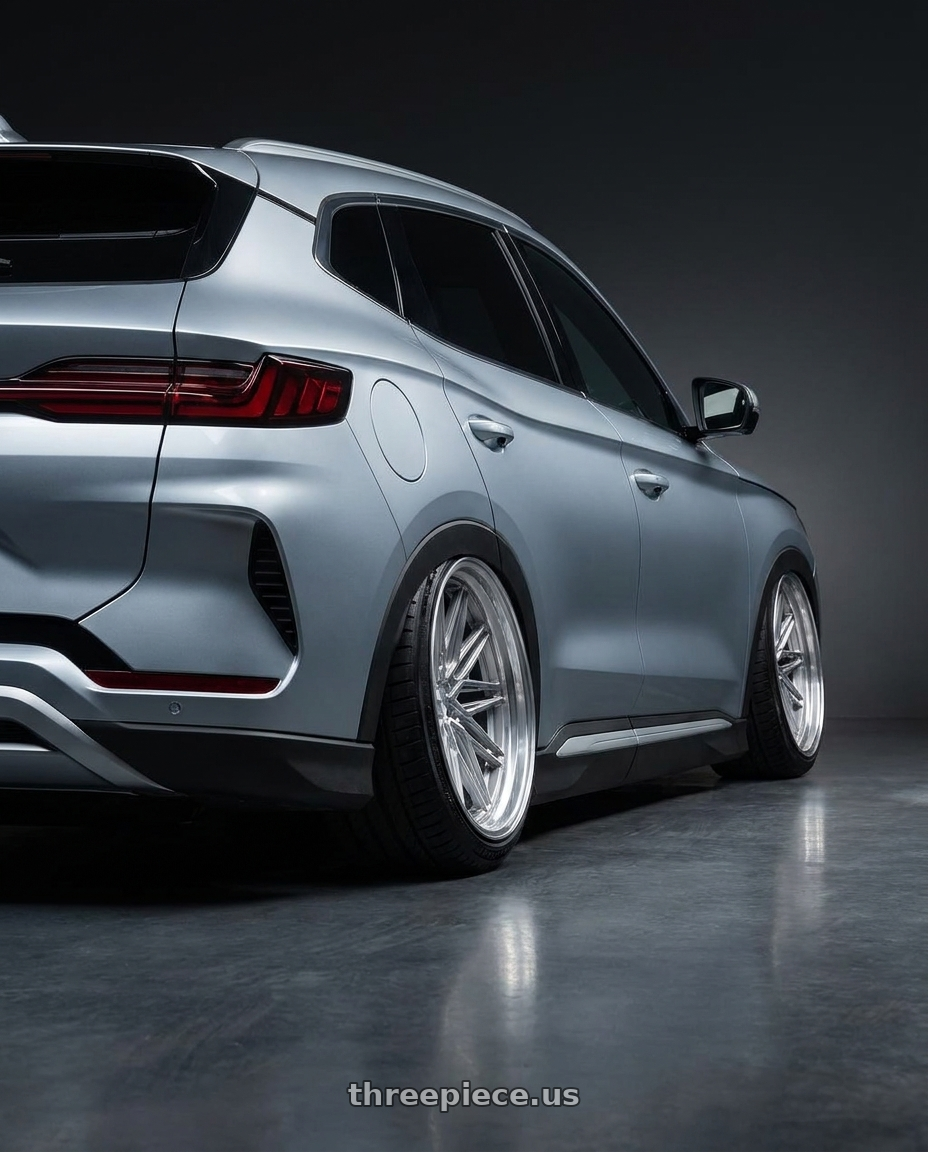 2025 BYD Seal U with VOSSEN HF6-5 6X135 22x9.5 +20 SILVER POLISHED wheels rear three quarter view extreme stretch tires