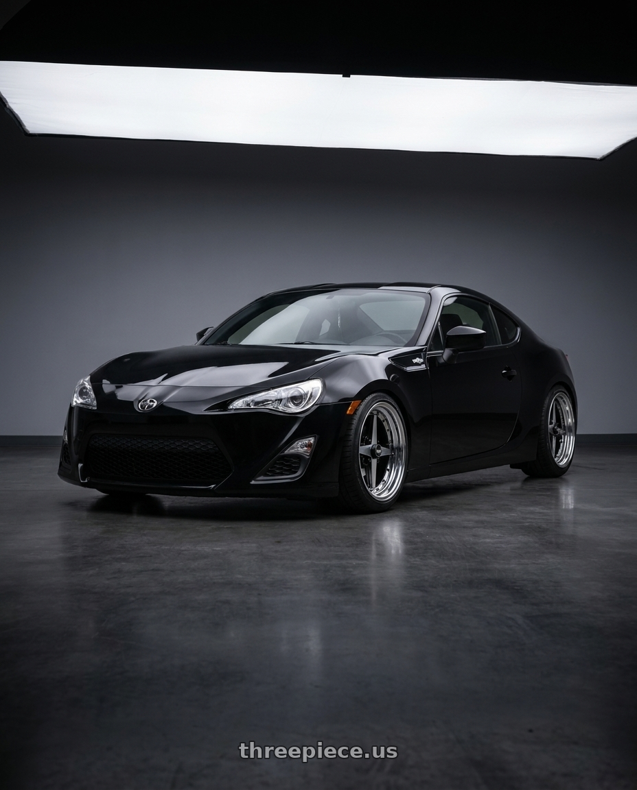 2013 Scion FR-S with Equip 01 Black Polish 4x100 15x6.5 +39 wheels front three quarter view lowered stance