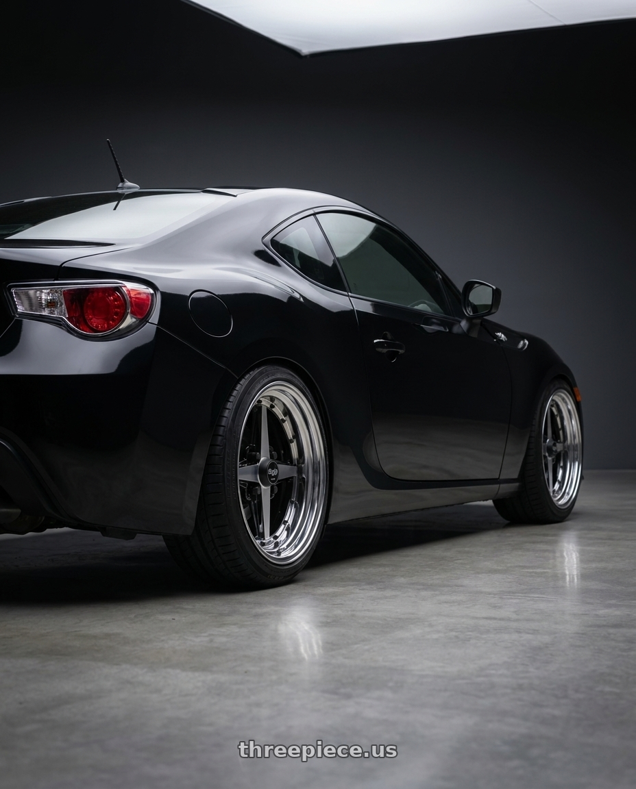 2013 Scion FR-S with Equip 01 Black Polish 4x100 15x6.5 +39 wheels rear three quarter view square tires