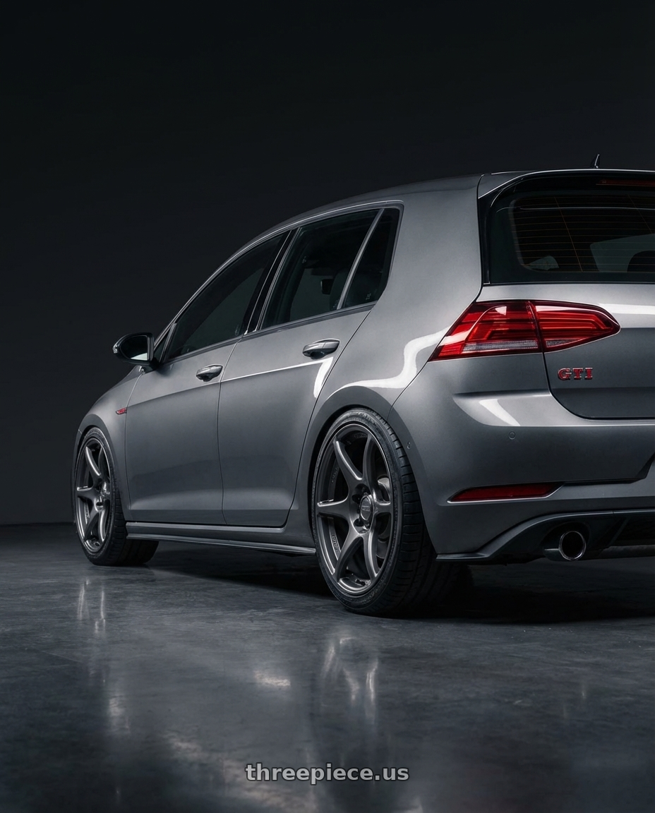 2019 Volkswagen GTI MK7 with Kansei K11G Tandem 5X112 18x8.5 35 Gunmetal wheels rear three quarter view square tires