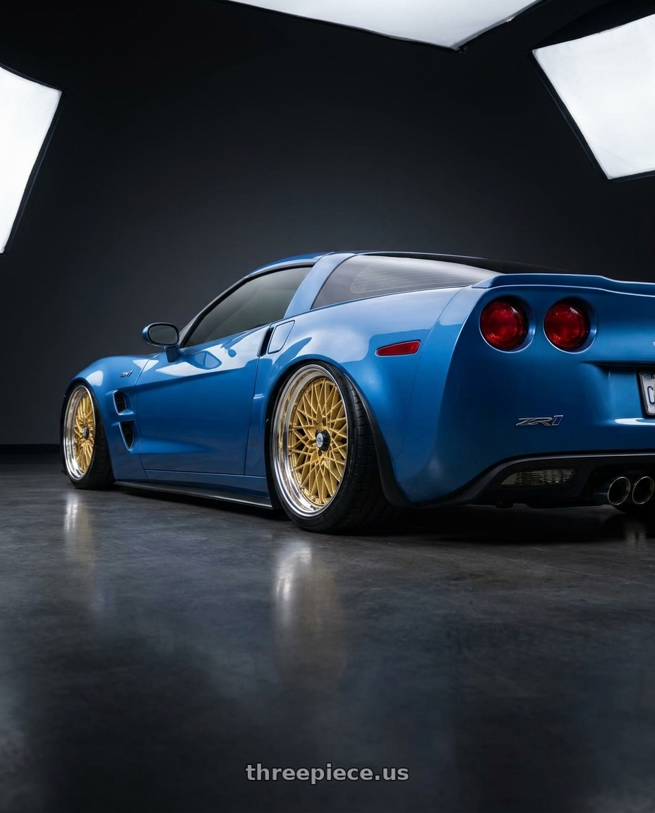 2011 Chevrolet Corvette ZR1  with SSR Formula MESH 5X100 18X9.5+0 HP Disk Fm Gold wheels rear three quarter view slight stretch tires