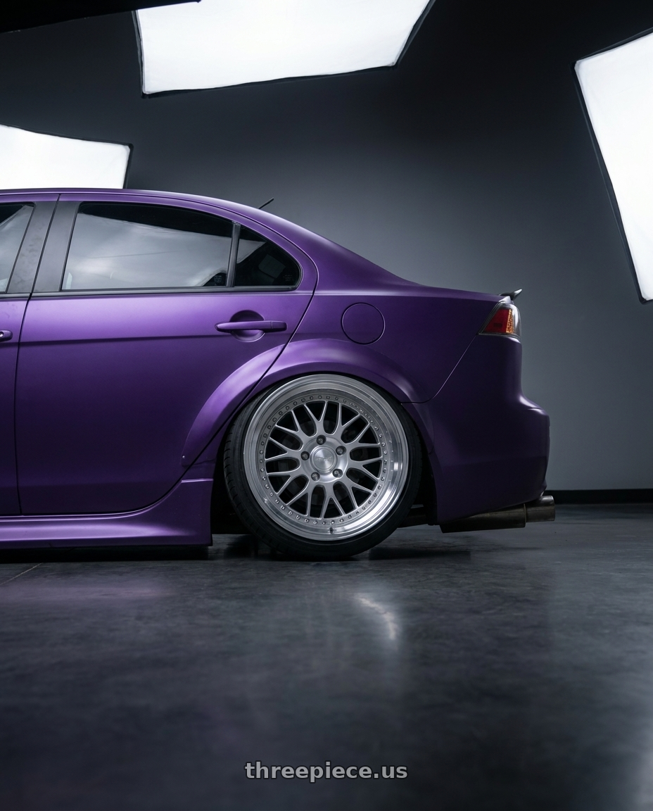 2013 mitsubishi Lancer ES purple with ESR Wheels SR SERIES SR01 5x114.3 18x8.5 +30 Hyper Silver wheels rear three quarter view slight stretch tires