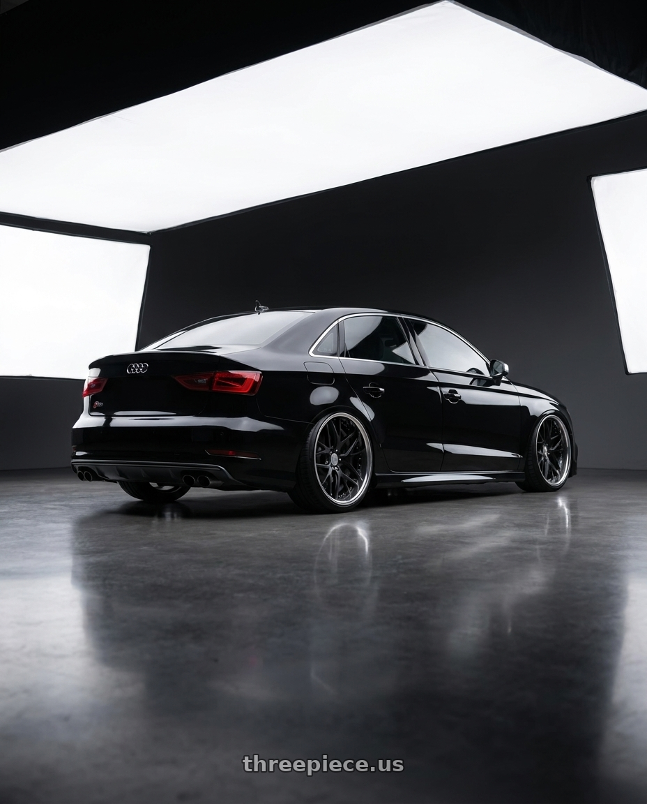 2016 Audi S3 with Work Gnosis Cvx 5x112 20x10.5+30 A Disk Matte Black wheels rear three quarter view extreme stretch tires