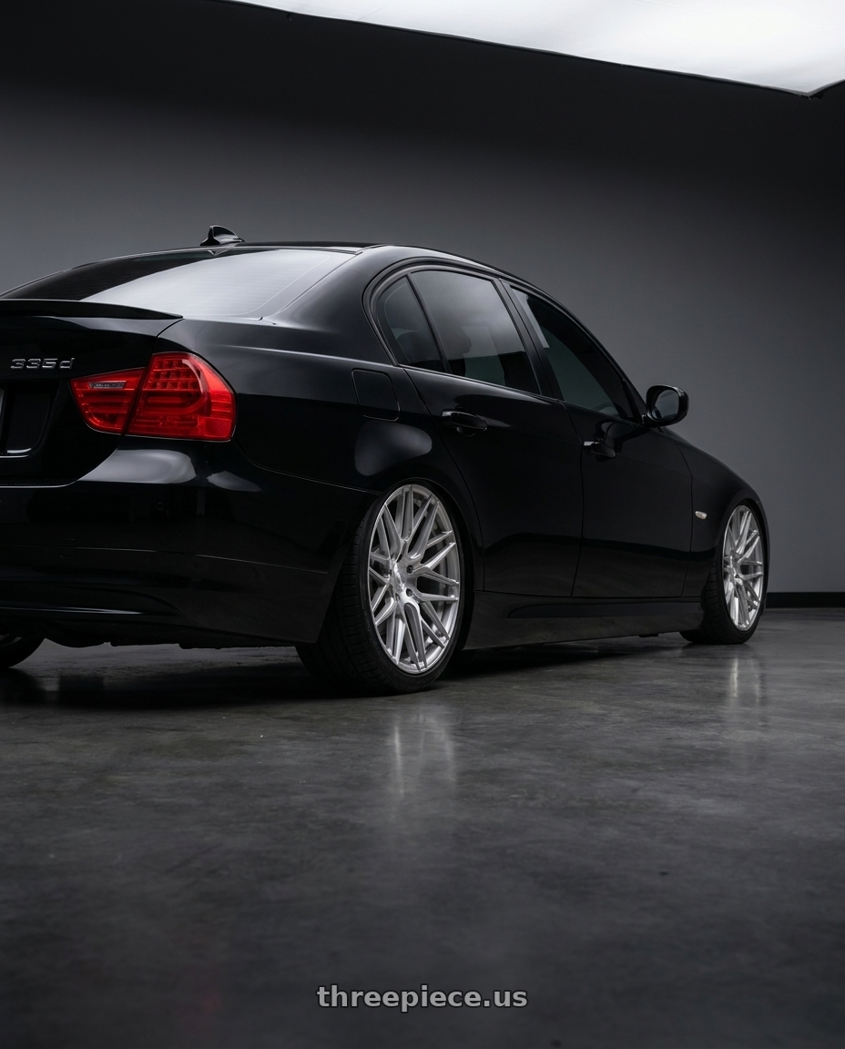 2011 bmw 335d with Rohana RFX10 5x120 19x8.5+33 Brushed Titanium wheels rear three quarter view square tires