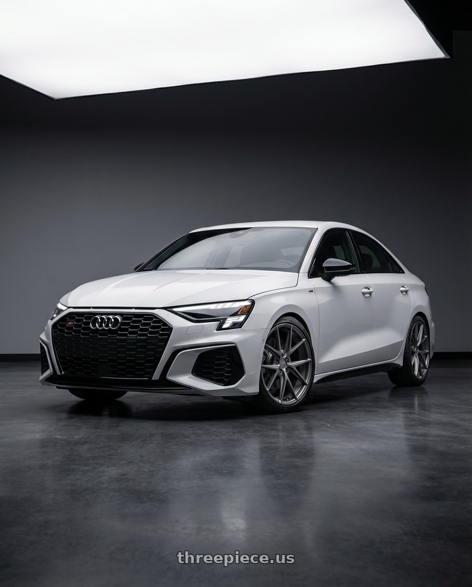 2024 Audi S3 8Y with Niche 1PC M116 MISANO 5X112 19X8.5 +42 MATTE GUN METAL wheels front three quarter view lowered stance