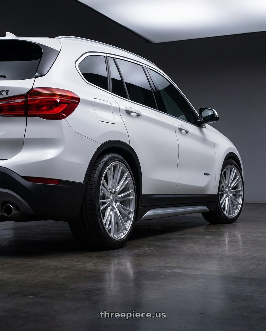 2018 BMW X1 with Axe CF2  5x115 20X8.5+40 SILVER wheels rear three quarter view square tires