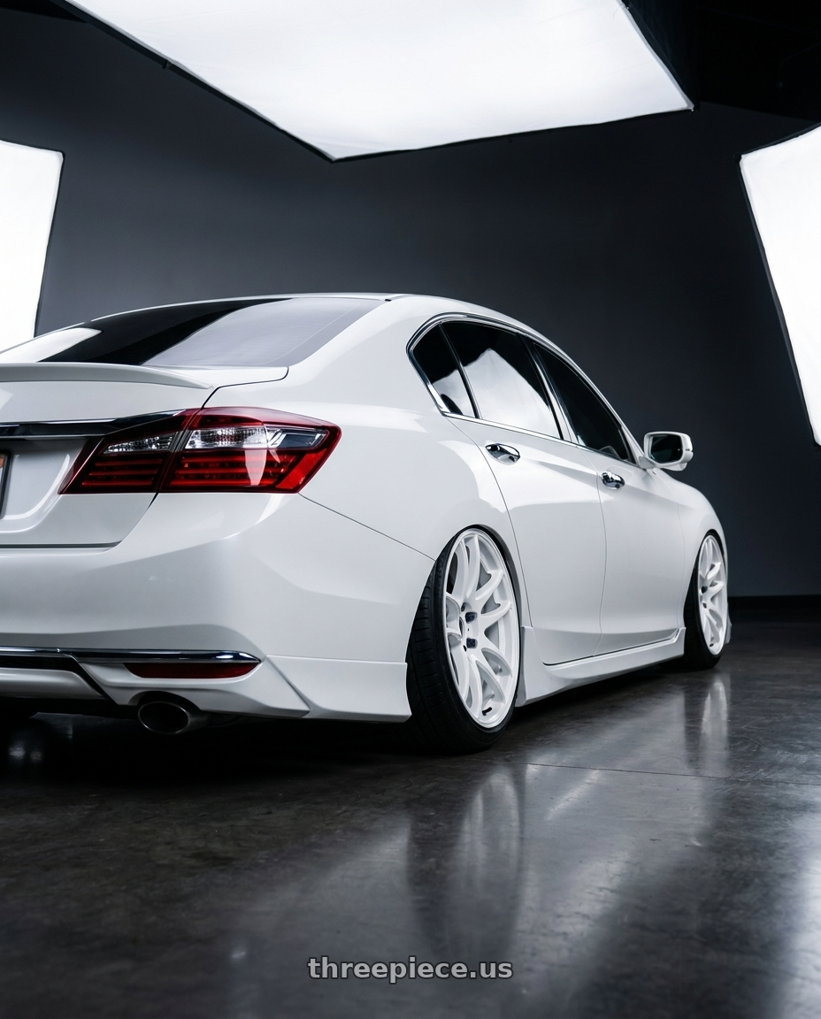 2016 Honda accord with Work Emotion Cr Kiwami 5x114.3 18x9.5 +30 White wheels rear three quarter view slight stretch tires