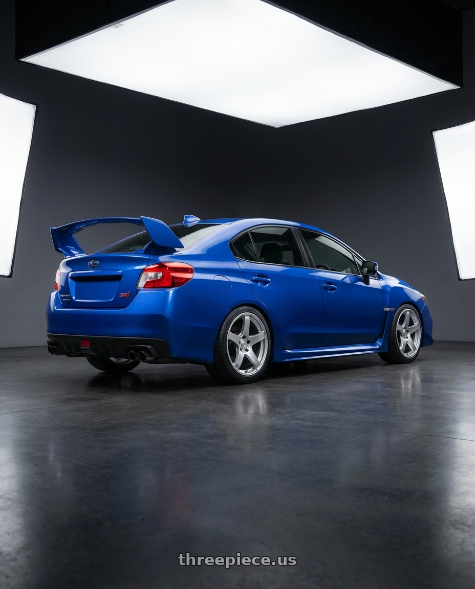 2013 Subaru WRX STI with Ssr Gtv01 5x114.3 18x10.5+15  GLARE SILVER wheels rear three quarter view square tires