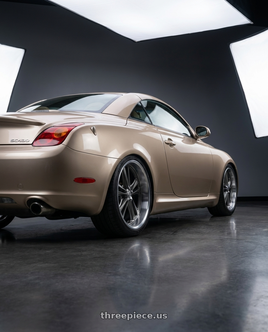 2003 Lexus SC430 Egyptian Sand with Foose 1PC F097 KNUCKLE 5X114.3 18X9.5 +1 CHROME PLATED wheels rear three quarter view square tires