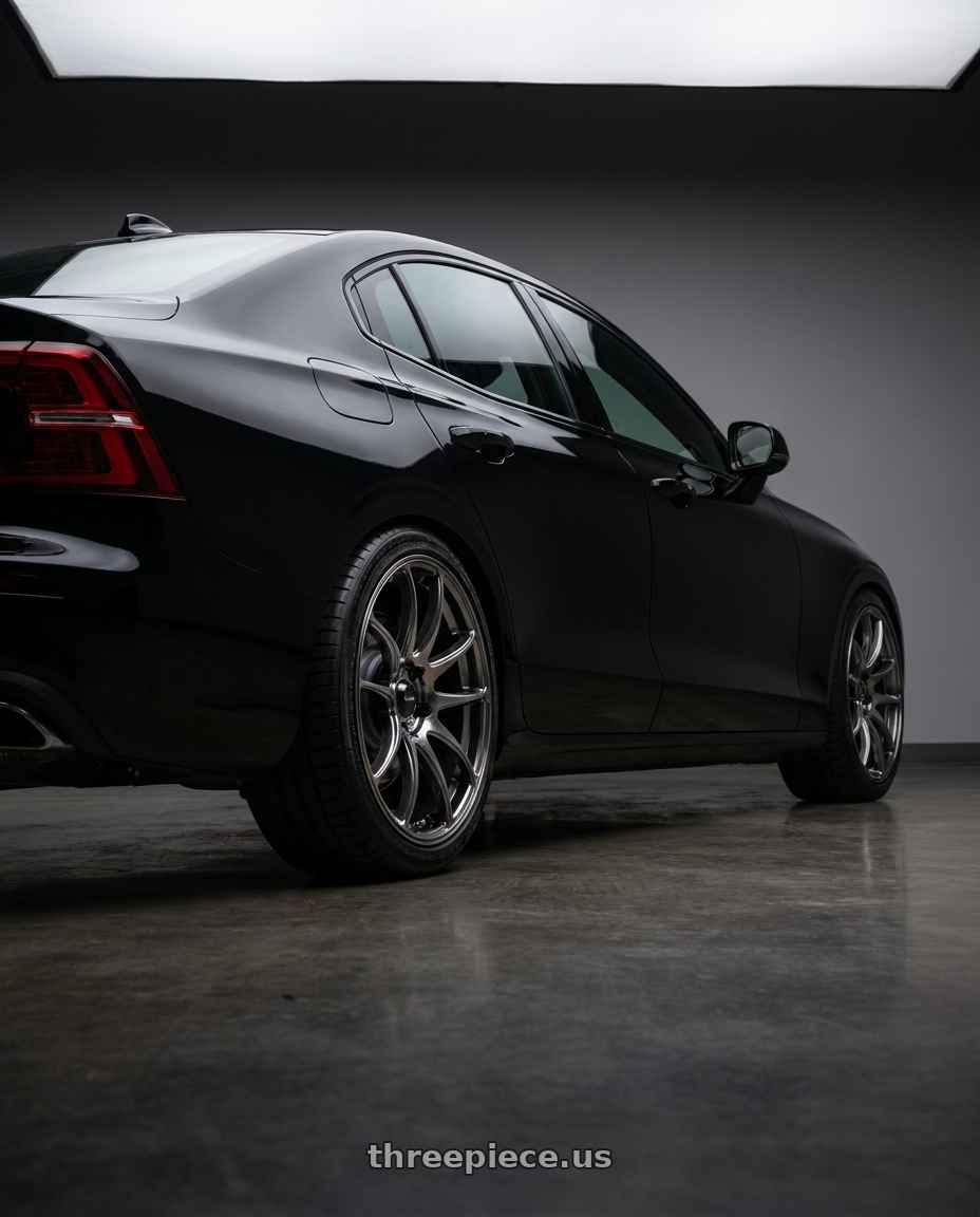 2022 Volvo s60 with Vors TR4 5x108 18x8.5  +35 Hyper Black wheels rear three quarter view square tires