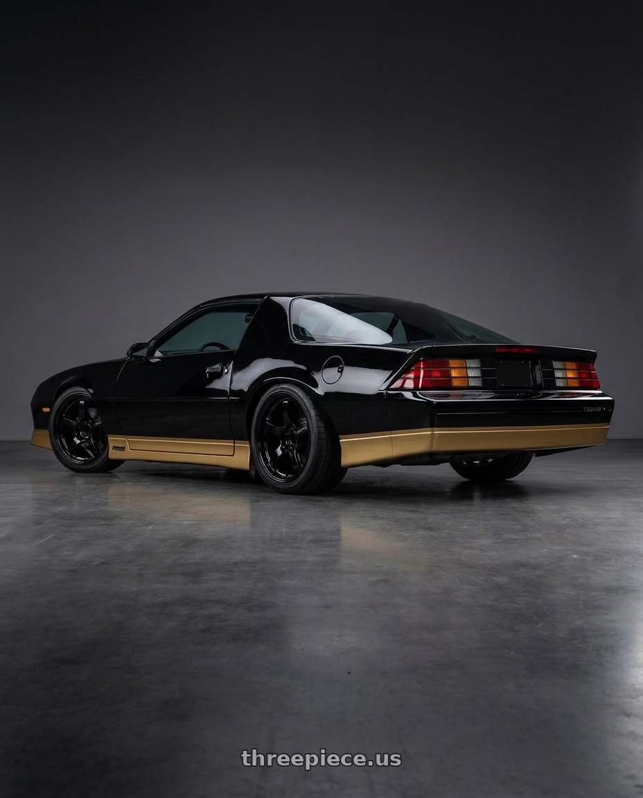 1988 chevy camaro with Gram Lights 57CR 4x100 17x7 +38 Gloss Black wheels rear three quarter view slight stretch tires