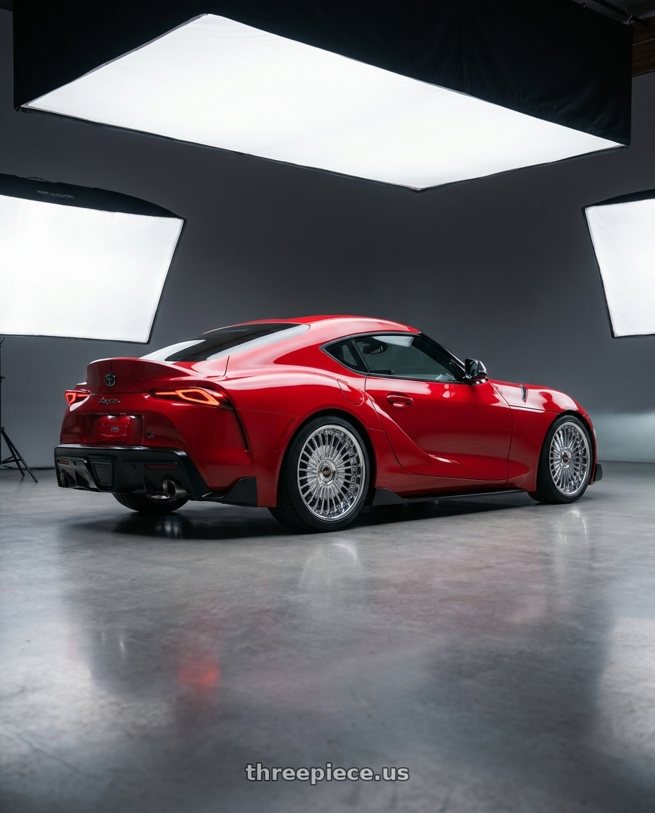 2020 toyota supra with Work Emitz Chrome 5x112 19x10.0 +38 wheels rear three quarter view square tires