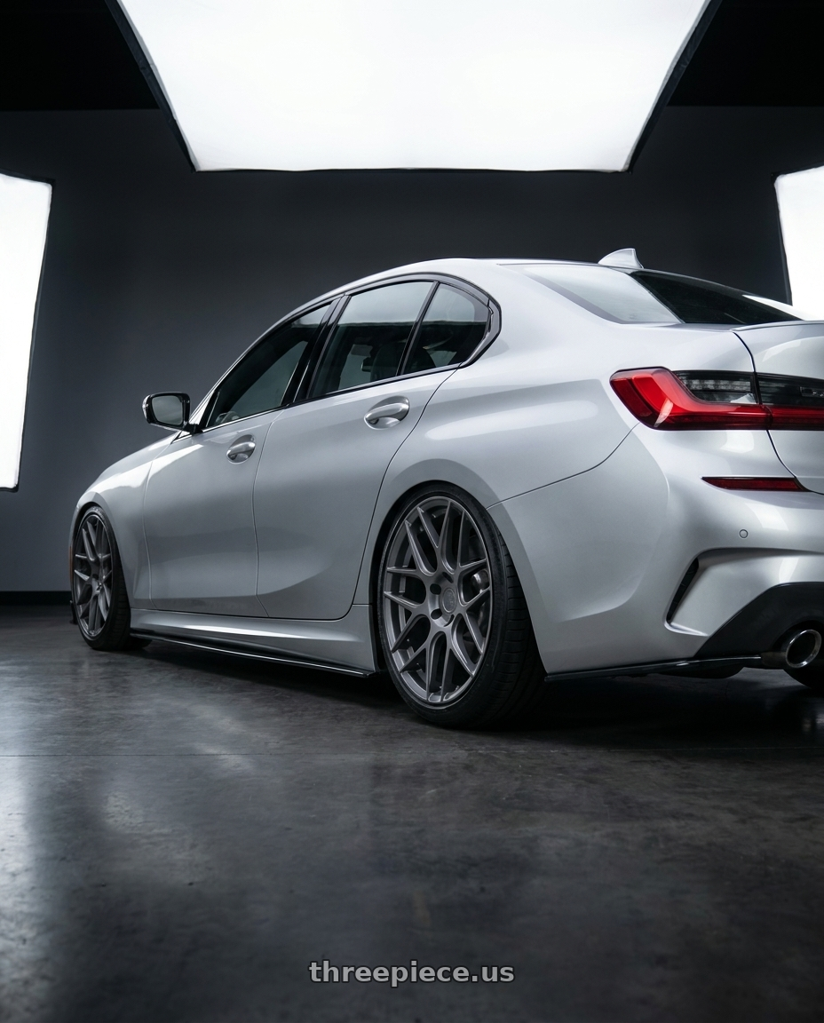 2023 BMW 3 Series G20 with Aodhan AFF2 5x112 19x8.5+35 Matte Gray wheels rear three quarter view slight stretch tires