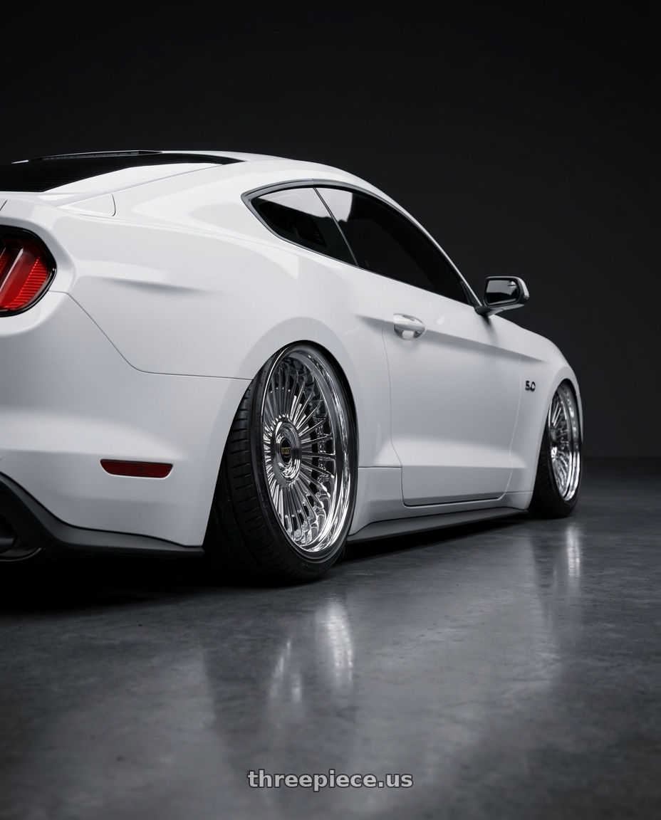 2015 ford mustang with Work Emitz Chrome 5x114.3 19x11.0 +38 wheels rear three quarter view slight stretch tires