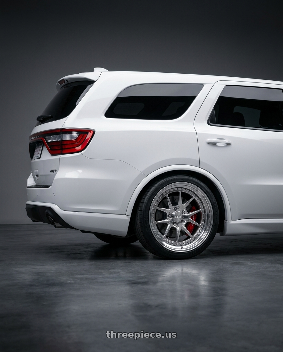 2021 durango srt with CCW CZ05 4x100 16x7 +52 Polished wheels rear three quarter view square tires