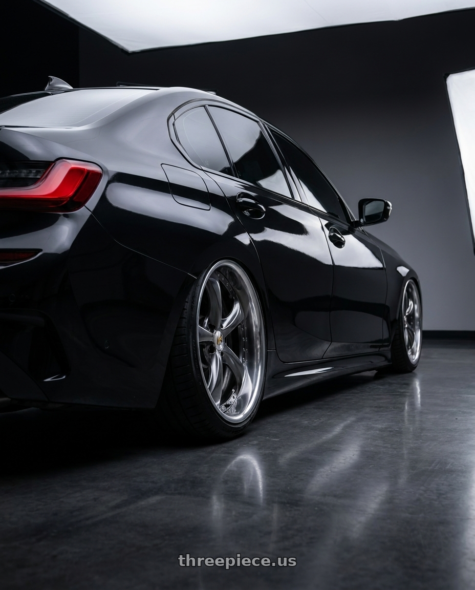2020 BMW m340i shadowline with Work Wheels VS-KF 5x112 19x9.5+22 Brilliant Silver Black L Disk STEP RIM wheels rear three quarter view slight stretch tires