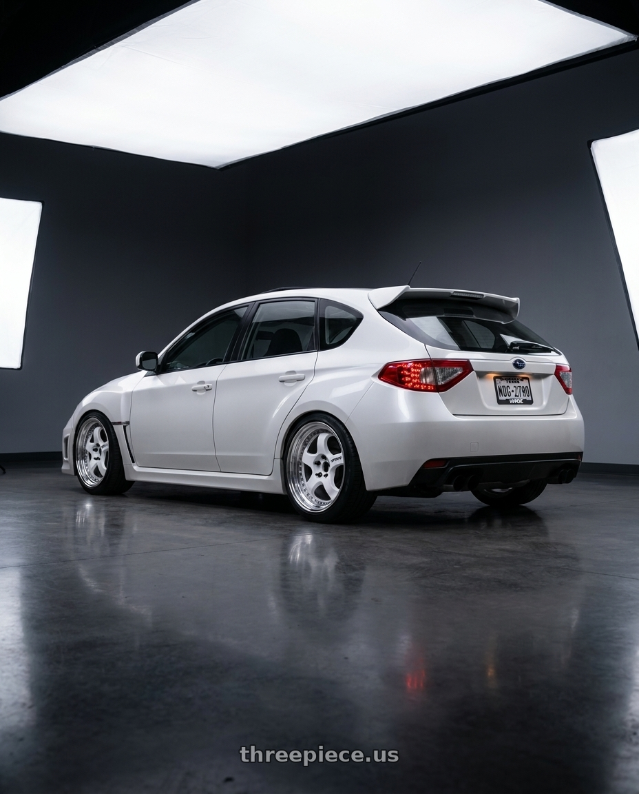 2012 subaru wrx hatchback Subaru with Work Meister S1 3P 5x100 18x8.5+41 A Disk White wheels rear three quarter view slight stretch tires