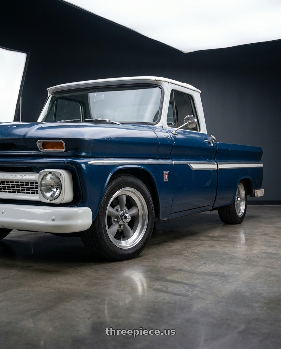 1964 chevy c10 with American Racing Vintage VN105 TORQ THRUST D 5X114.3 15X6 +4 TORQ THRUST GRAY W/ MACH LIP wheels