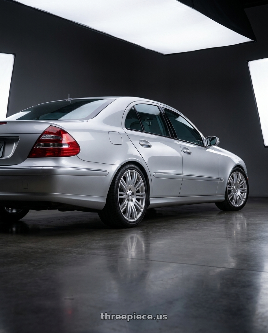 2008 Benz e280 with TSW MALLORY 4X100 17X7 +40 SILVER W/ MIRROR CUT FACE wheels rear three quarter view square tires