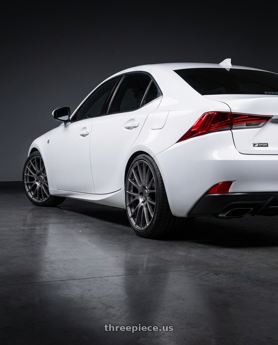 2018 Lexus IS 350 F Sport with Ssr Gtv04 5x114.3 19×8.5x8.5+38  METALLIC GRAY wheels rear three quarter view square tires