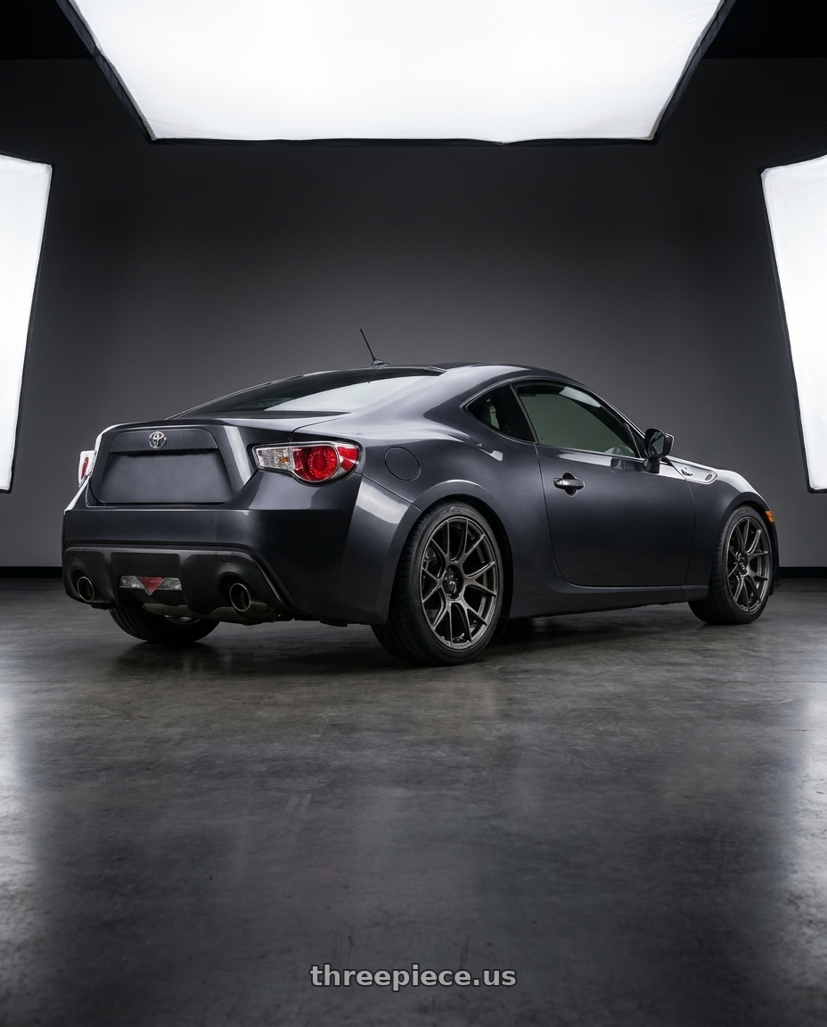 2012 Toyota Gt86 with Konig Ampliform 5x115 18x10+20 Dark Metallic Graphite wheels rear three quarter view square tires