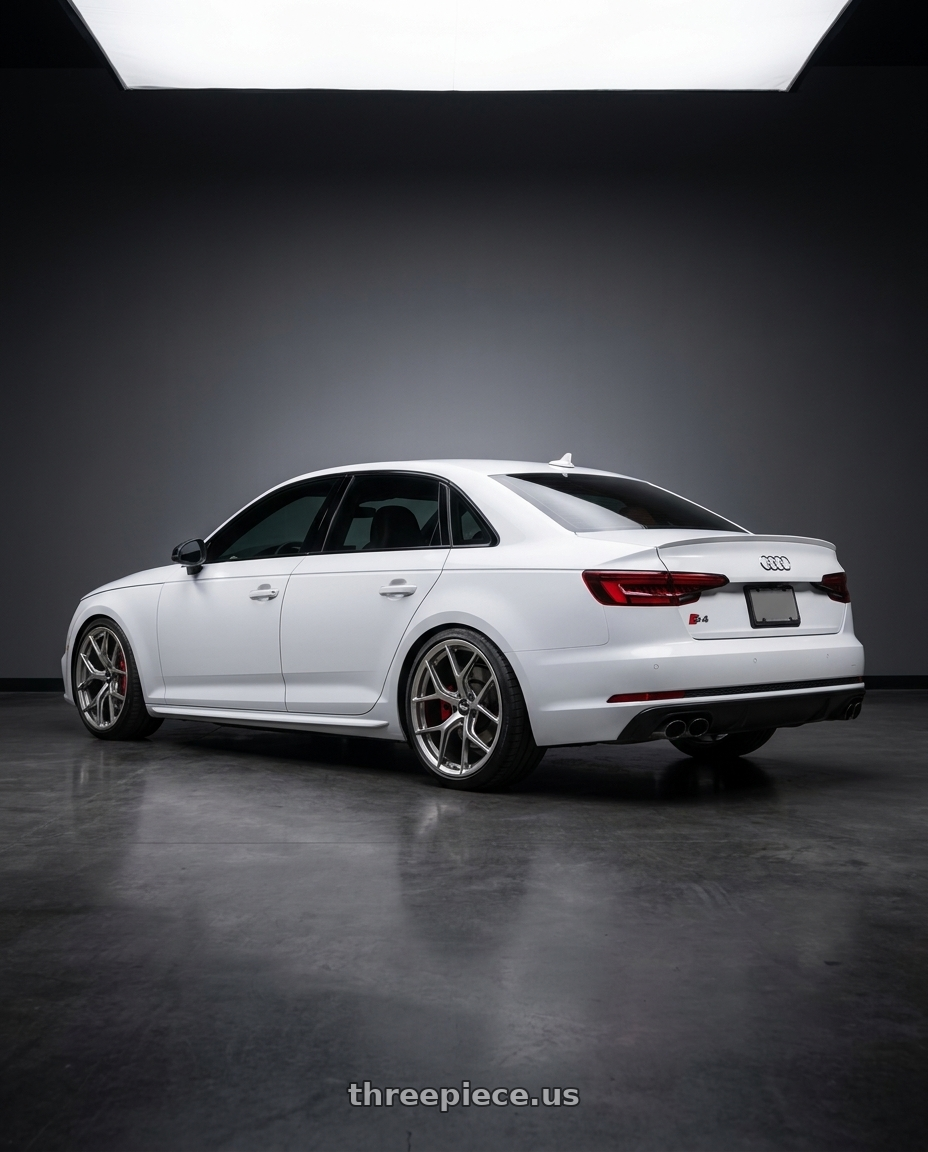 2019 audi s4 with BBS FI-R Evo CL 21x12.0+45 Platinum Silver wheels rear three quarter view slight stretch tires