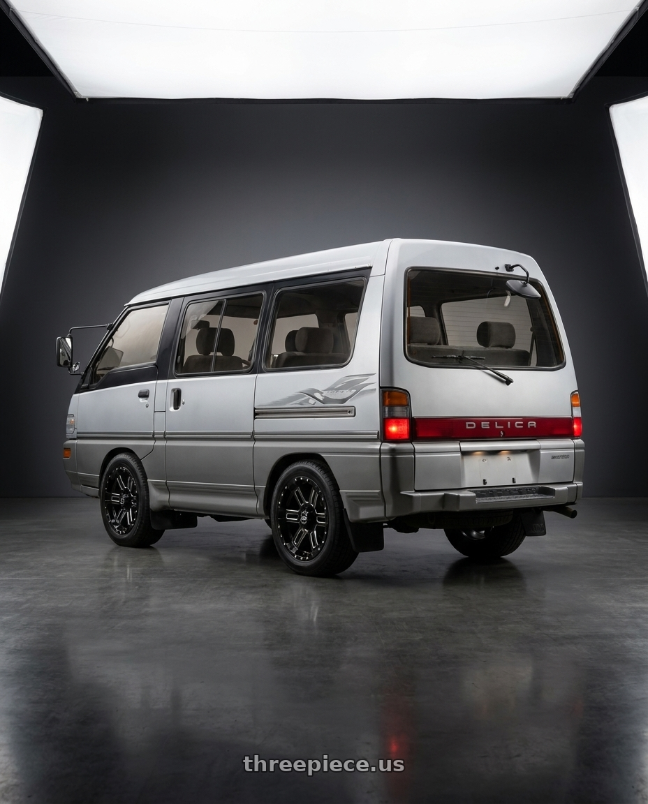 1992 Mitsubishi Delica with Enkei Commander 6x139.7 18x8.5-10 Black Machined wheels rear three quarter view square tires
