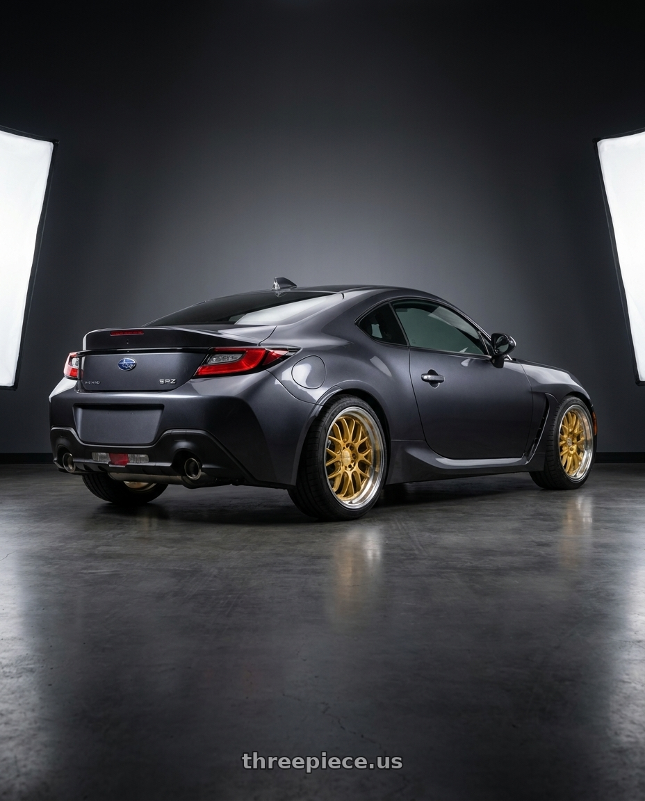 2023 Subaru BRZ premium with F1R F21 5x100/5x114.3 18x8.5 +38 Machine Gold/Polish Lip v2 wheels rear three quarter view square tires
