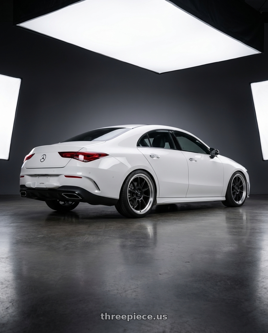 2023 Mercedes-Benz CLA C118 with Konig Countergram 5x112 19x9.5+30 Matte Black / Matte Machined Lip wheels rear three quarter view square tires