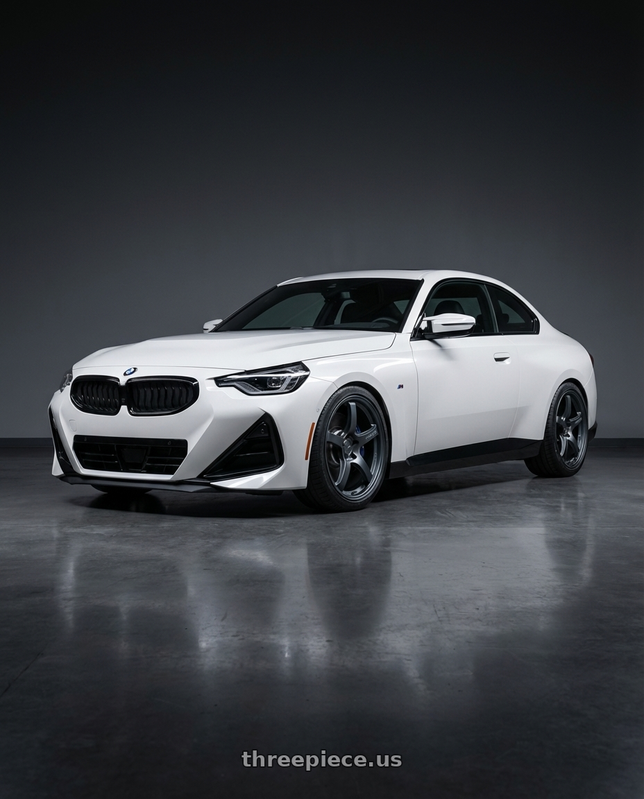 2024 BMW 2 Series G42 with Gram Lights 57CR 5x112 19x10.5+22 Gunblue II wheels front three quarter view lowered stance