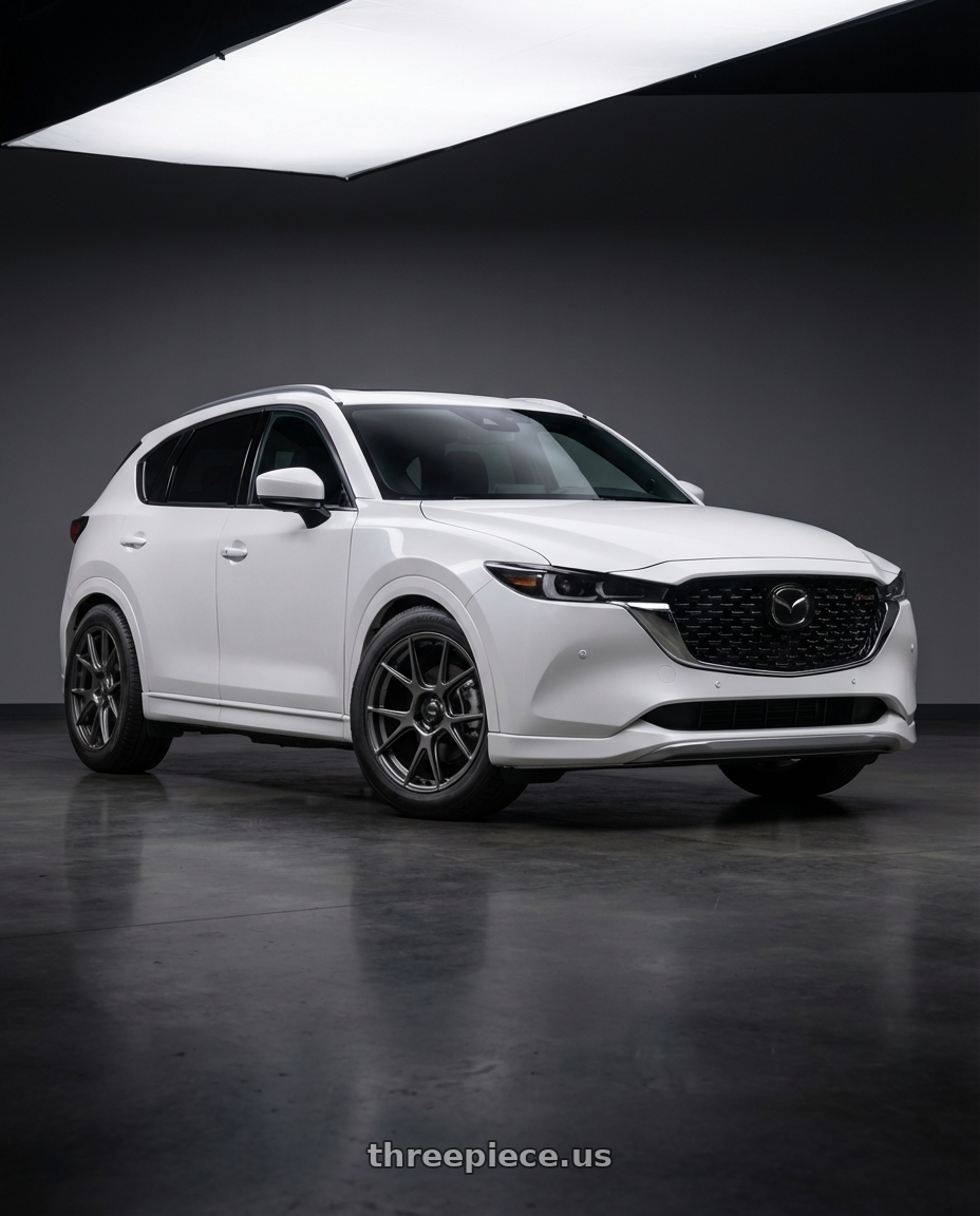 2024 Mazda CX5 Signature Turbo with Konig Ampliform 5x114.3 20x8.5+43 Dark Metallic Graphite wheels front three quarter view lowered stance