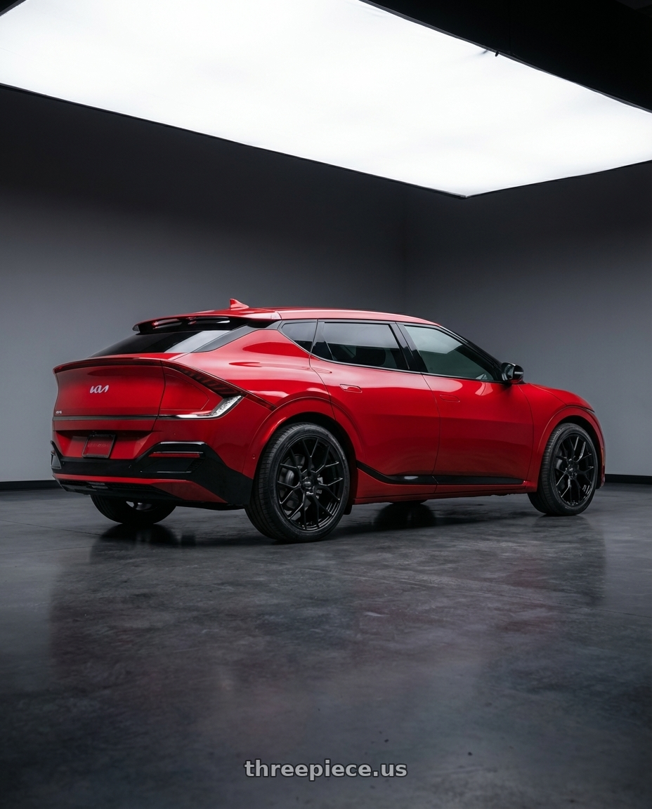 2024 kia ev6 with Petrol P2B 5X114.3 20X8.5 +40 GLOSS BLACK wheels rear three quarter view square tires