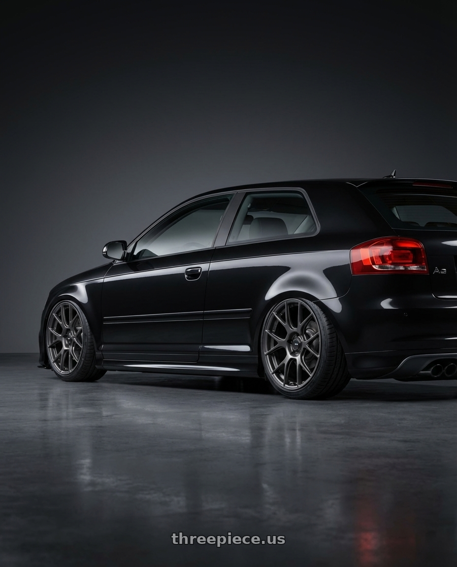 2012 Audi A3 8P with Konig Ampliform 5x112 19x8.5+32 Dark Metallic Graphite wheels rear three quarter view slight stretch tires