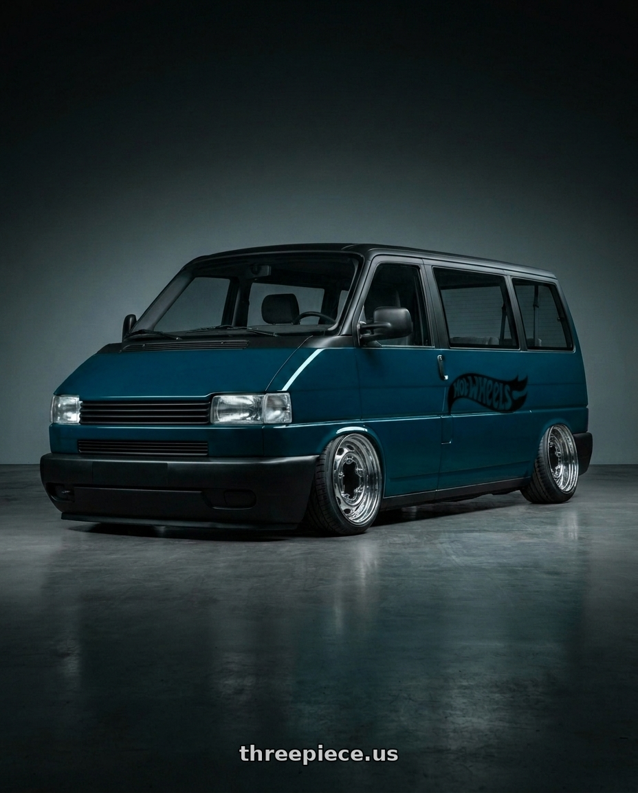 1997 vw T4 kombi, no front logo, bark blue and Matte Black, The side of the car features a black Hot Wheels logo,matte black Front Lip with Mobelwagen MW520P Interceptor 5X205 15x4.5 34 Polished wheels