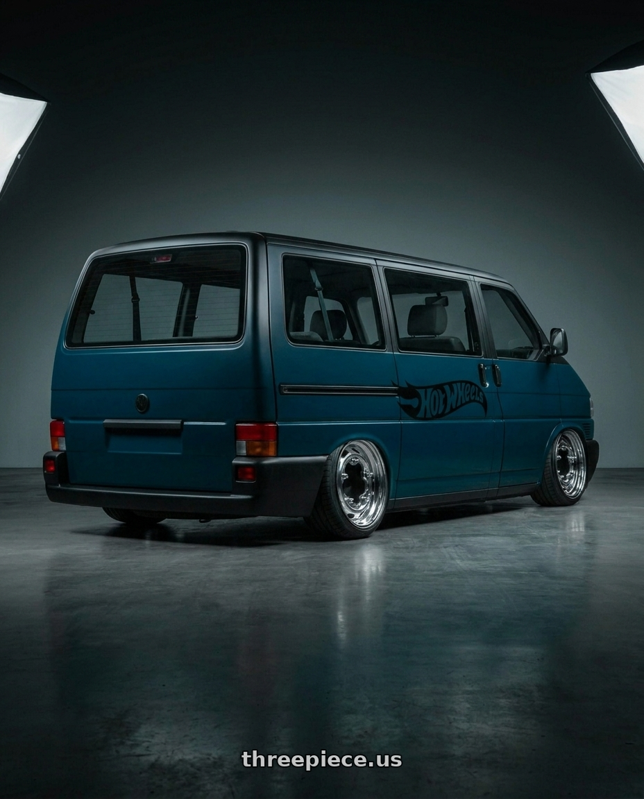 1997 vw T4 kombi, no front logo, bark blue and Matte Black, The side of the car features a black Hot Wheels logo,matte black Front Lip with Mobelwagen MW520P Interceptor 5X205 15x4.5 34 Polished wheels rear three quarter view extreme stretch tires