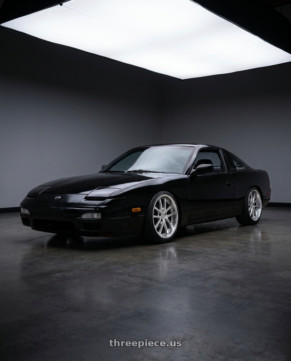 1991 Nissan 240SX fastback with Vors AR5 5x114.3 17x9 +30 Silver Machine Face Lip Chrome Rivet wheels