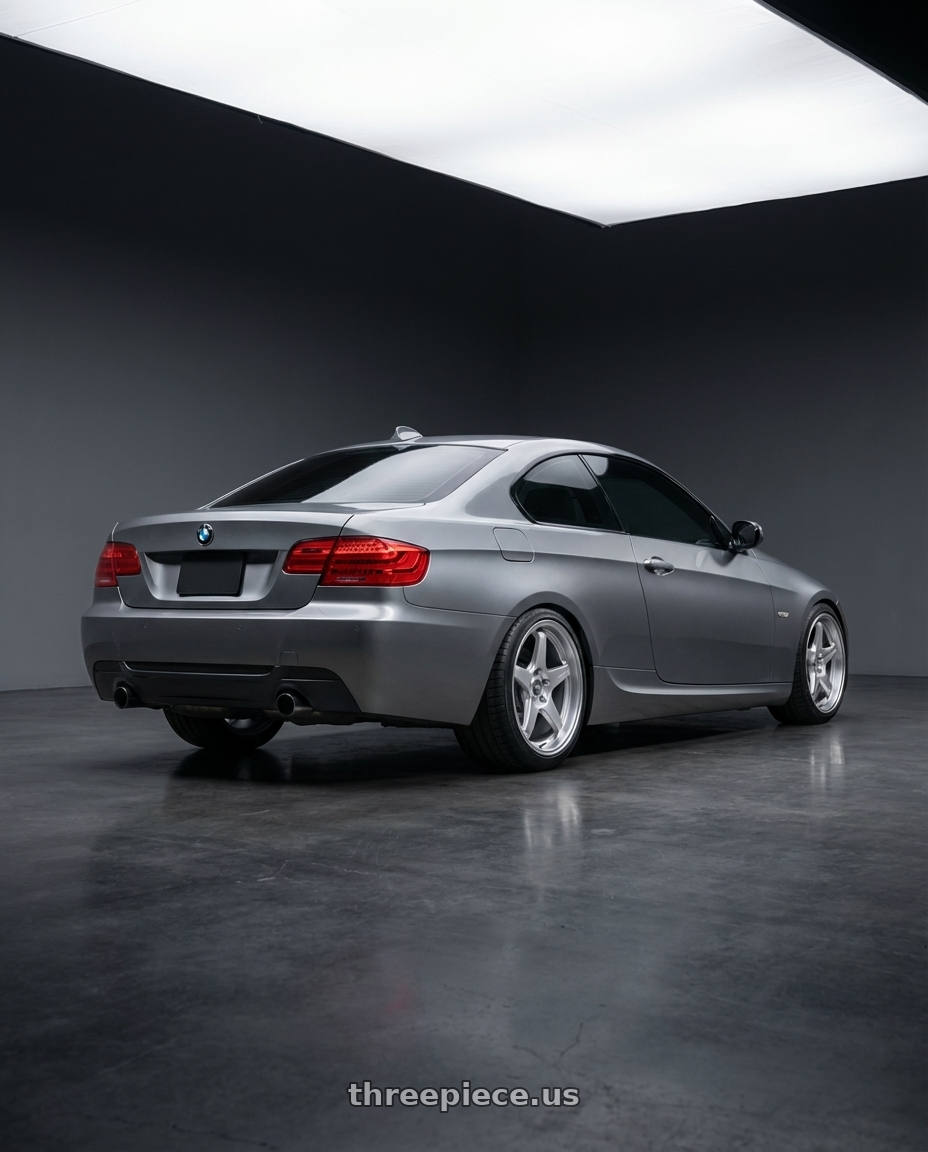 2012 BMW 3 Series E92 with ESR Wheels APEX SERIES AP5 5x120 18x8.5 +30 Hyper Silver wheels rear three quarter view square tires