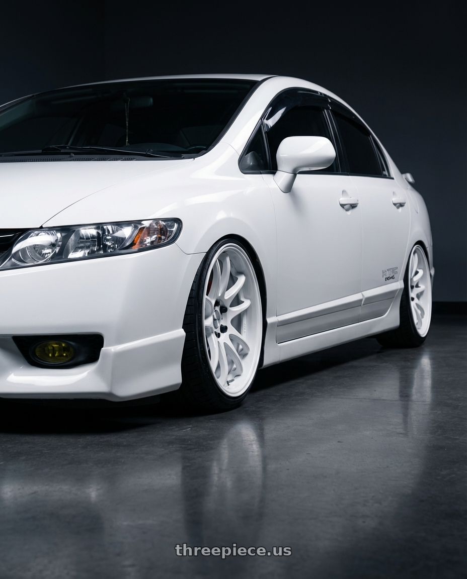 2008 Honda Civic SI with Work Cr 2P 4x100 17x10.0 +45 Gloss White wheels front three quarter view slammed stance