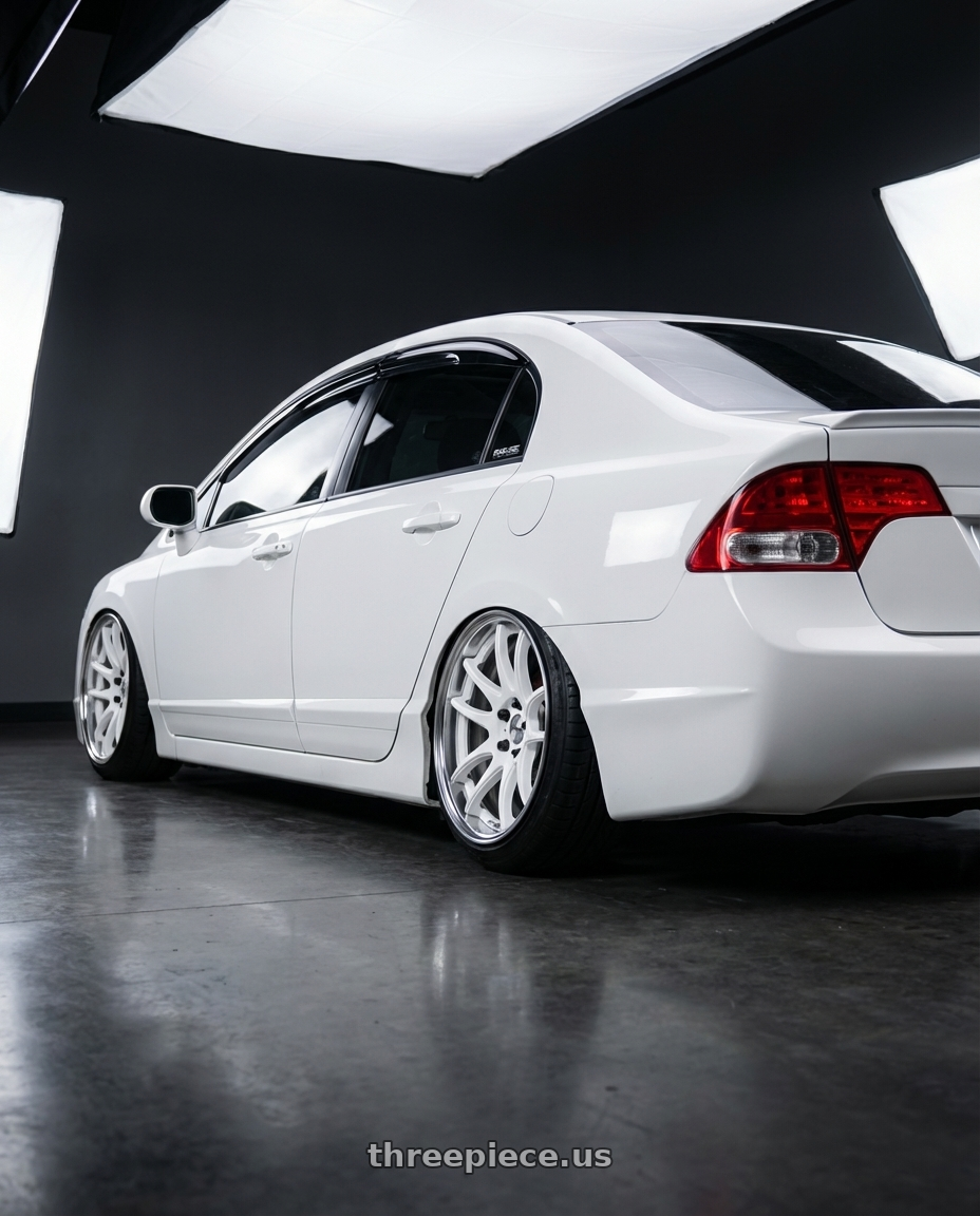 2008 Honda Civic SI with Work Cr 2P 4x100 17x10.0 +45 Gloss White wheels rear three quarter view slight stretch tires