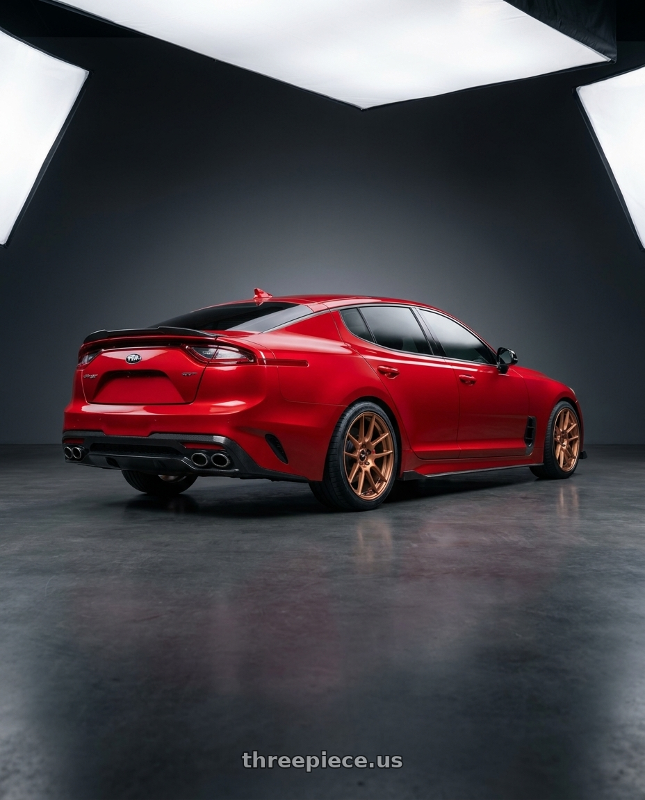 2018 Kia Stinger GT2 AWD with Enkei TFR 5x114.3 19x8.5+35 Copper wheels rear three quarter view square tires