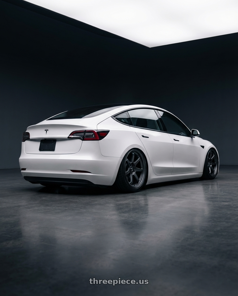 2023 Tesla Model 3 with Kansei K15G Astro 5x114.3 19x10.5 22 Gunmetal wheels rear three quarter view slight stretch tires