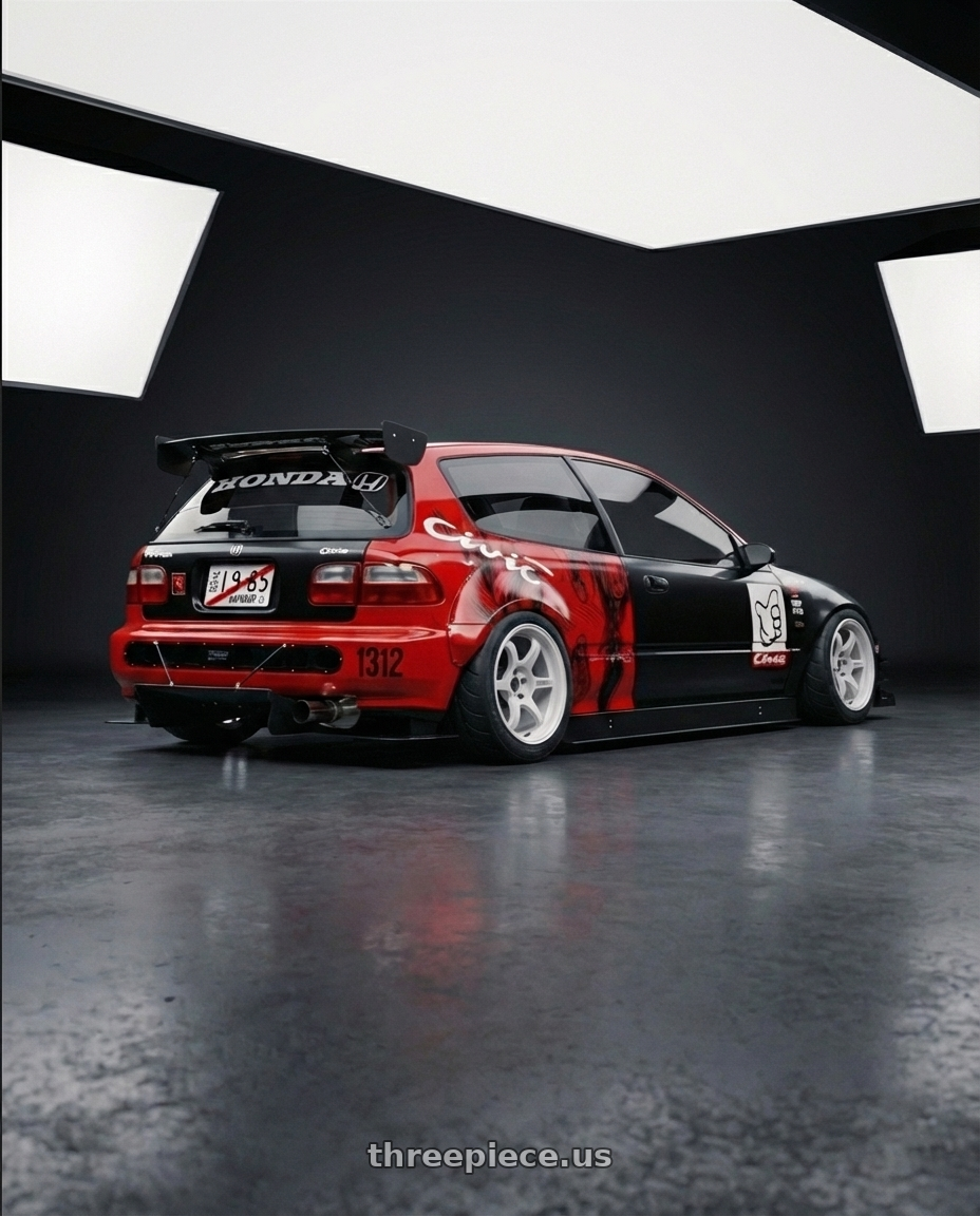 1993 Honda Civic eg5 with Enkei RPF1 4x100 15x7+35 Silver wheels rear three quarter view meaty tires